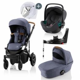 Britax Römer SMILE III Indigo Blue COMFORT PLUS iSENSE STAY COOL BUNDLE (inkl. Sportwagen, Kinderwagenaufsatz, BABY-SAFE iSENSE Midnight Grey, Base)