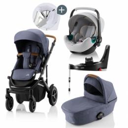 Britax Römer SMILE III Indigo Blue COMFORT PLUS iSENSE STAY COOL BUNDLE (inkl. Sportwagen, Kinderwagenaufsatz, BABY-SAFE iSENSE Nordic Grey, Base)