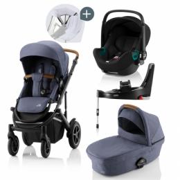 Britax Römer SMILE III Indigo Blue COMFORT PLUS iSENSE STAY COOL BUNDLE (inkl. Sportwagen, Kinderwagenaufsatz, BABY-SAFE iSENSE Space Black, Base)