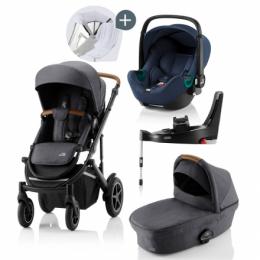 Britax Römer SMILE III Midnight Grey COMFORT PLUS iSENSE STAY COOL BUNDLE (inkl. Sportwagen, Kinderwagenaufsatz, BABY-SAFE iSENSE Indigo Blue, Base)