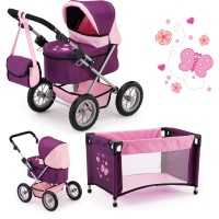 Puppenwagen Trendy, Set mit Bett Farbe Pflaume